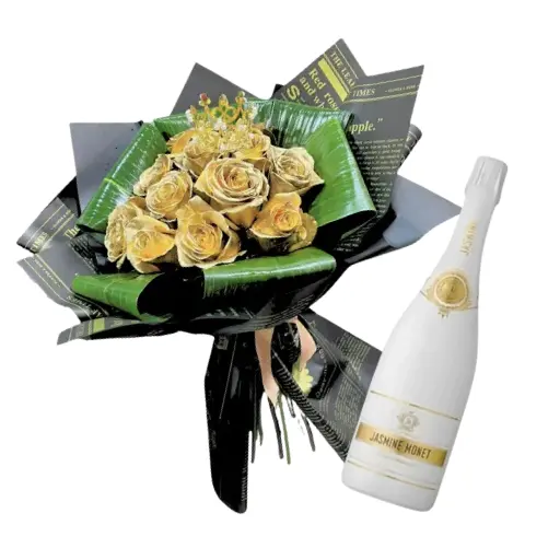 ramo 12 rosas doradas y jasmine white